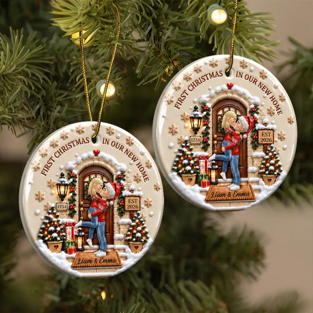Christmas,Romantic,Gift For Couples,Vector - Our First Home - Personalized 3D Embossed Circle Ceramic Ornament