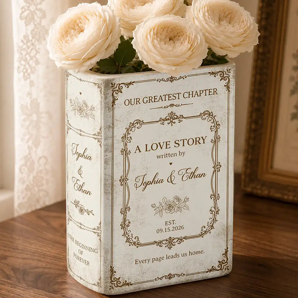 Top Market,Wedding Anniversary,Romantic,Gift For Couples,Custom Text - Our Greatest Chapter Couple - Personalized Ceramic Book Vase