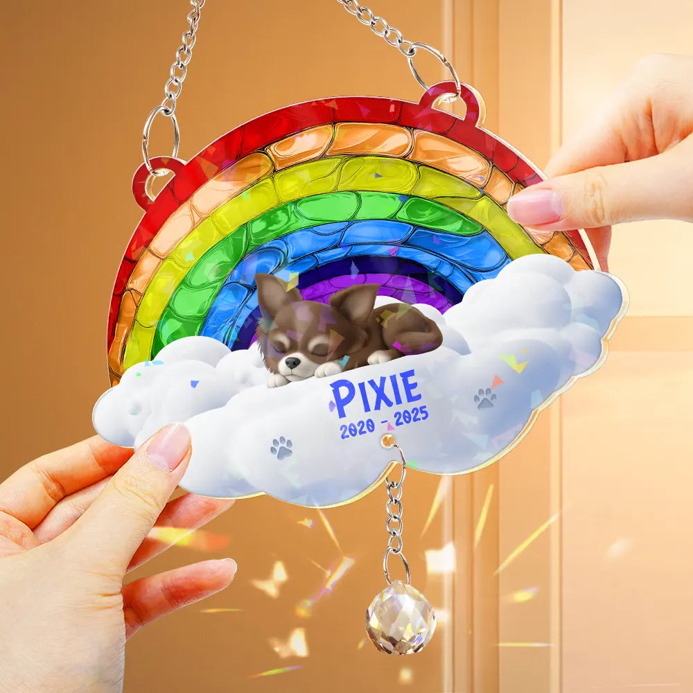 Memorial,Dog Lovers - Over The Rainbow Bridge - Personalized Rainbow Suncatcher With Crystal Ball Prism