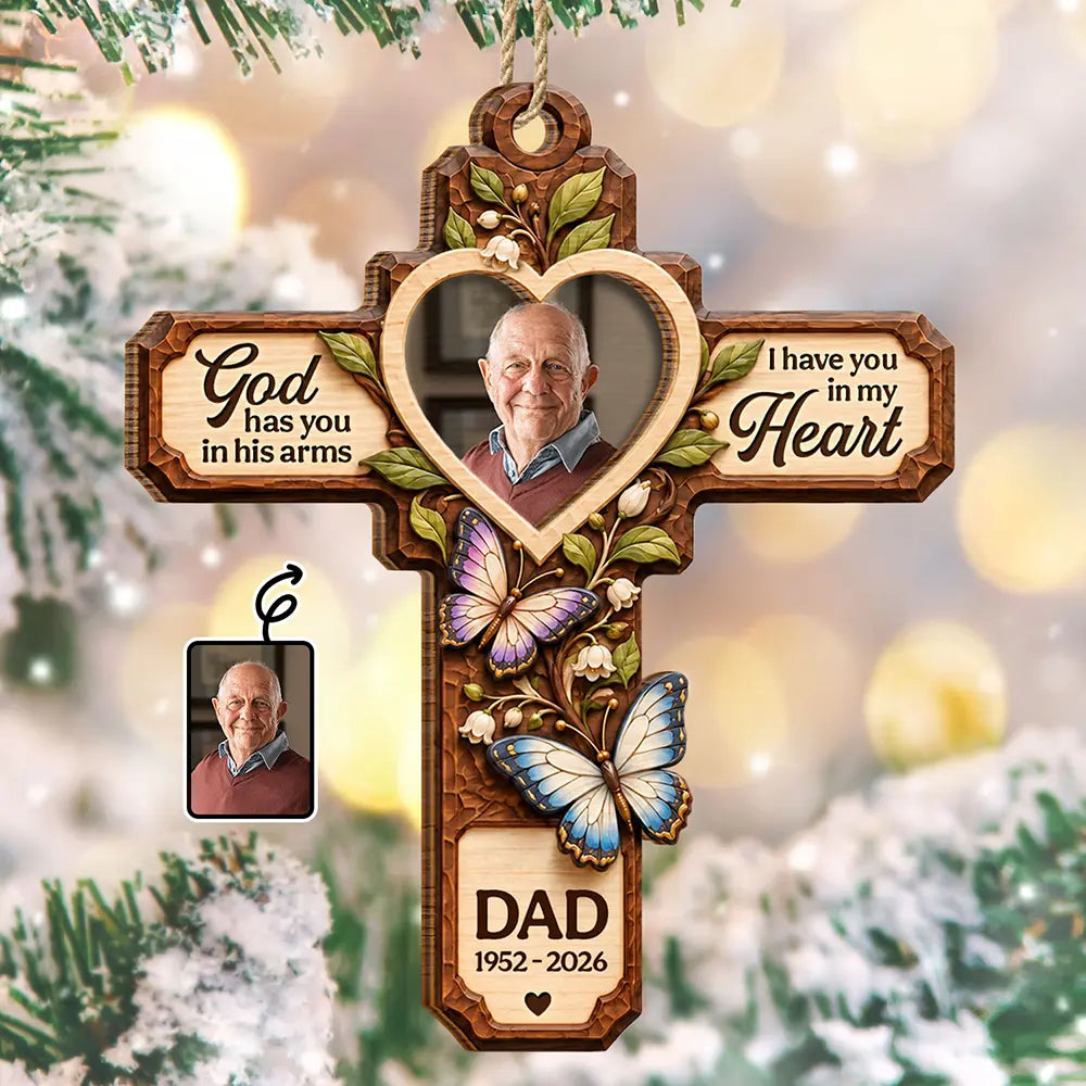 Christmas Memorial Gift - Personalized Custom Photo God Has You In His Arms 2-Layered Wooden Ornament