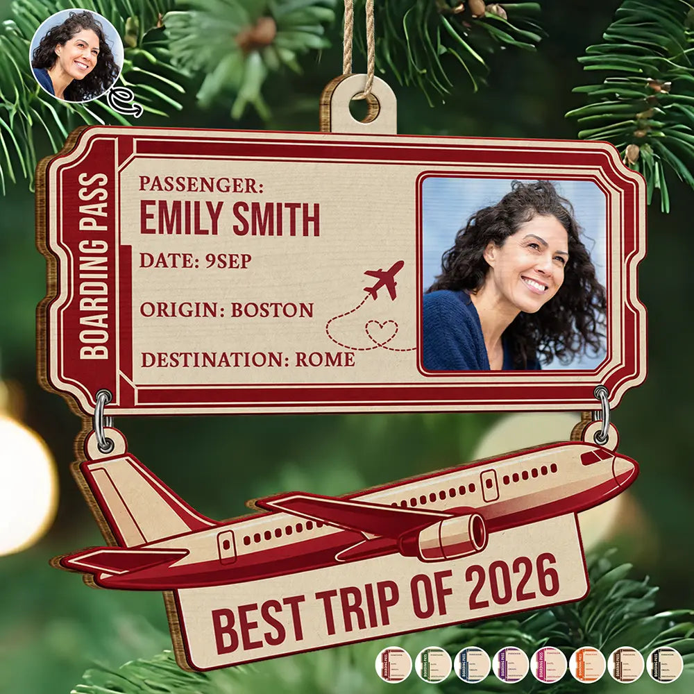 Gift For Travel Lovers - Personalized Custom Photo Boarding Pass Wooden Ornament