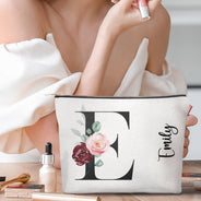 Floral Monogram - Gift For Her, Women - Personalized Cosmetic Bag