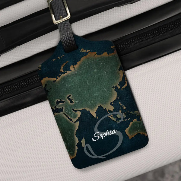 Monogram Name World Map - Personalized Luggage Tag