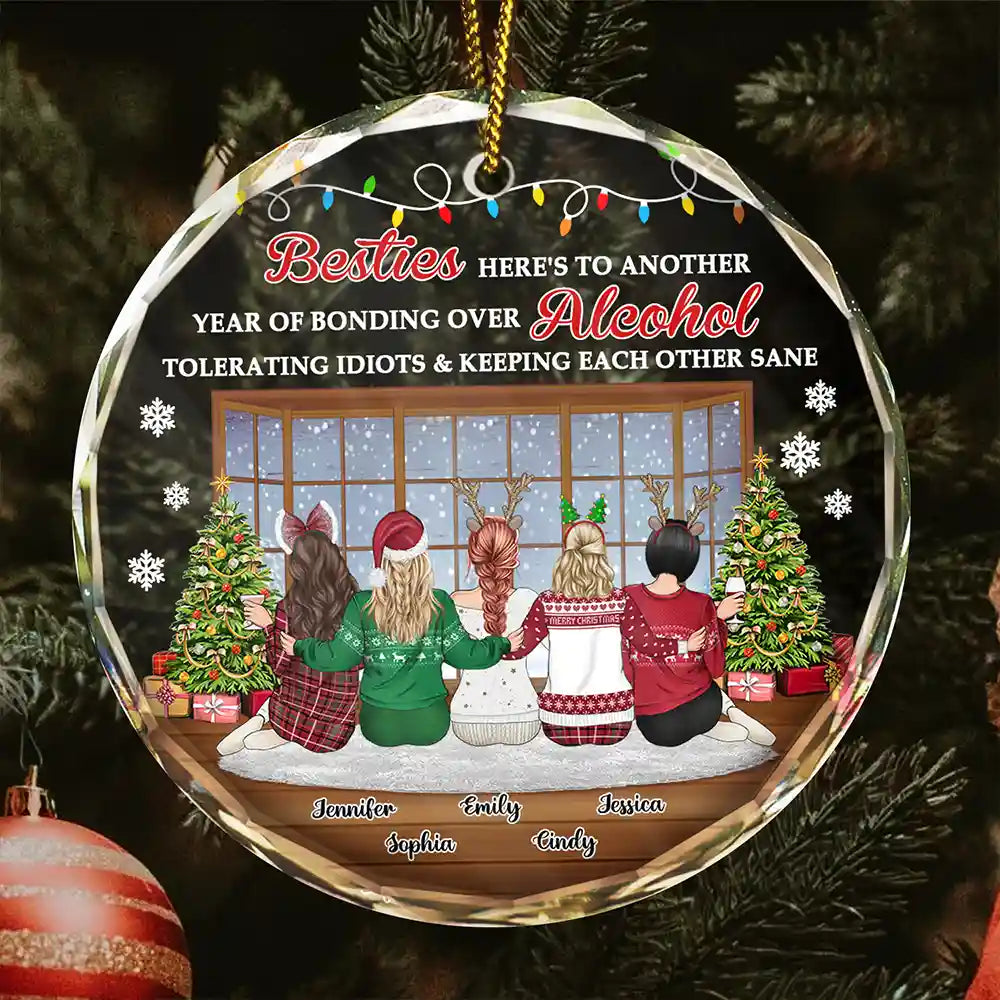 Christmas Besties Sisters Keeping Each Other Sane - Personalized Circle Glass Ornament
