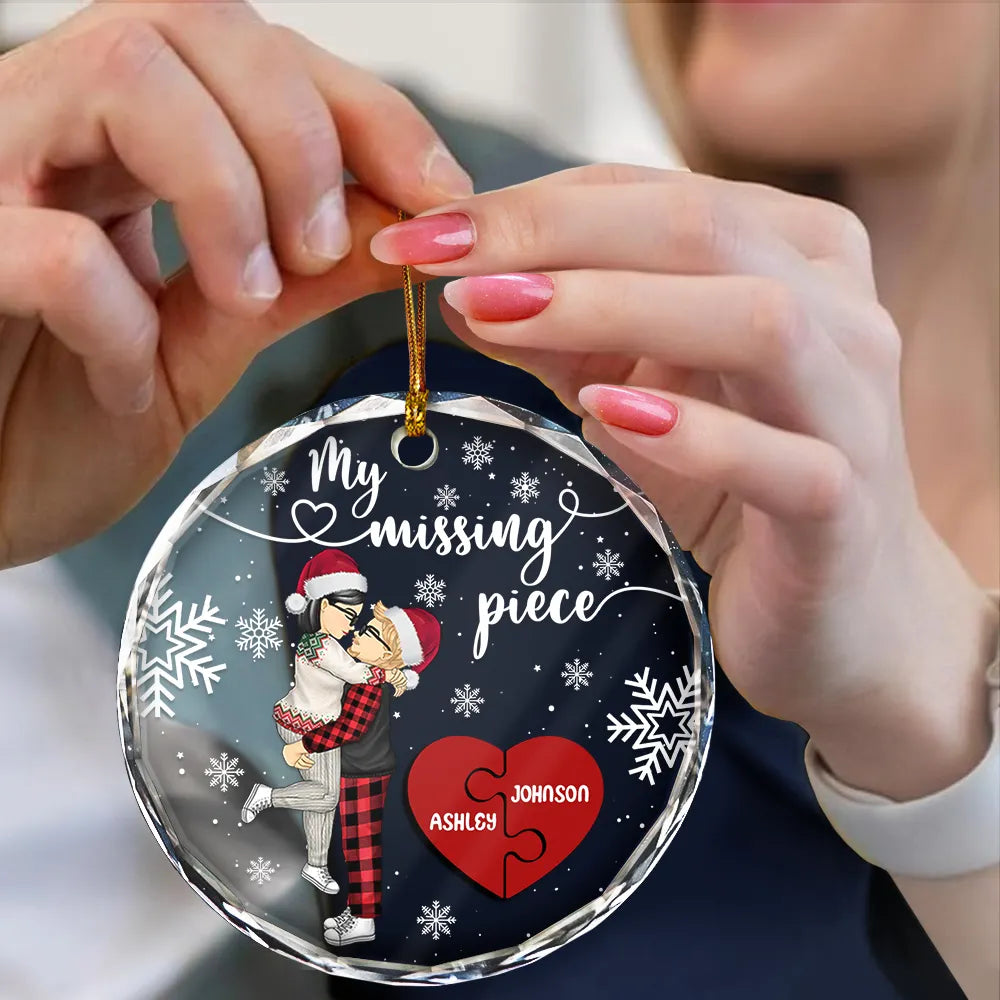 Christmas,Gift For Couples,Gift For Husband,Gift For Wife,Gift For Boyfriend,Gift For Girlfriend,Love - My Missing Piece Christmas Couple Hugging Kissing - Personalized Circle Glass Ornament
