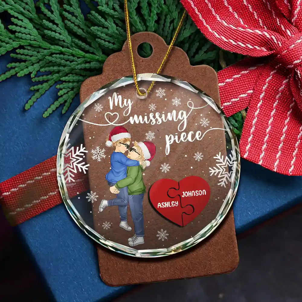 Christmas,Gift For Couples,Gift For Husband,Gift For Wife,Gift For Boyfriend,Gift For Girlfriend,Love - My Missing Piece Christmas Couple Hugging Kissing - Personalized Circle Glass Ornament