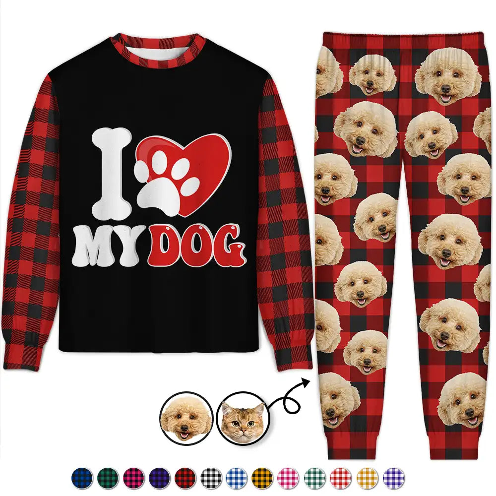 Custom Photo I Love My Dog Cat Pet - Personalized Unisex Pajamas Set