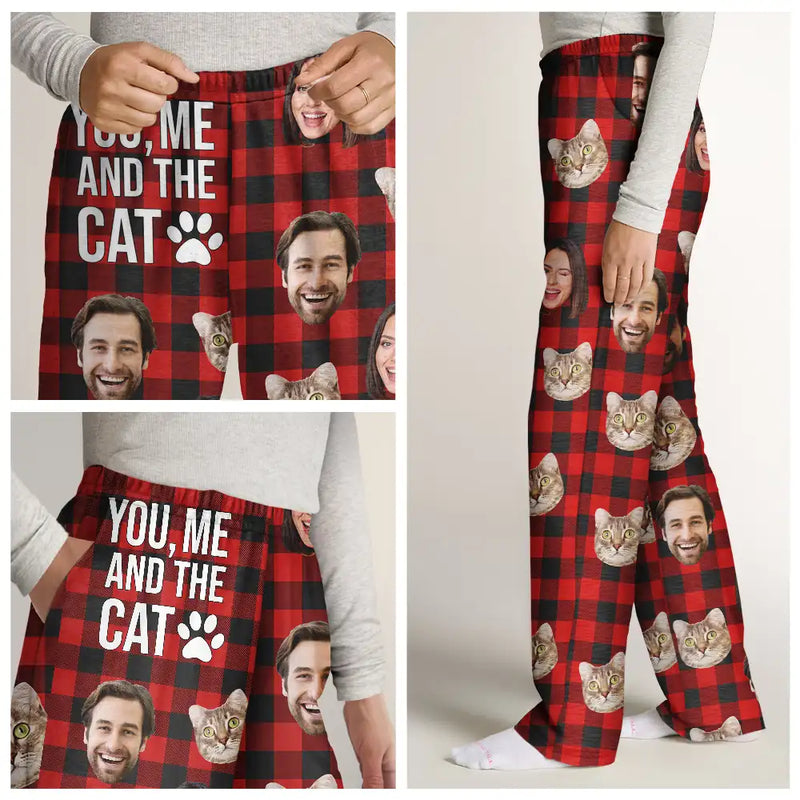 Gift For Couples, Gift For Husband, Gift For Wife, Gift For Boyfriend, Gift For Girlfriend, Pet Lovers, Dog Lovers, Cat Lovers - Custom Photo You & Me And The Dog Cat Pet Plaid Pattern - Personalized Pajama Pants