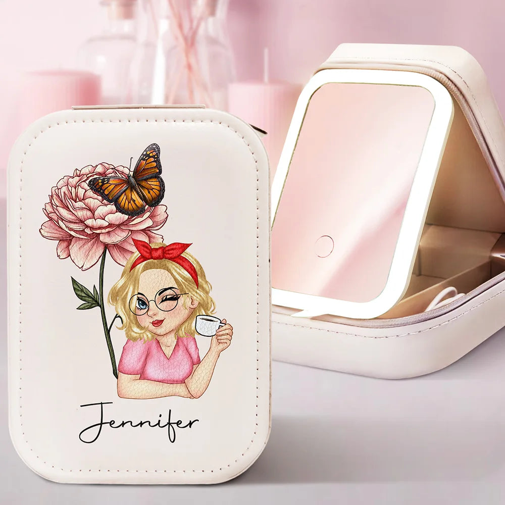Birth Month Flower - Personalized Makeup Box With LED Mirror