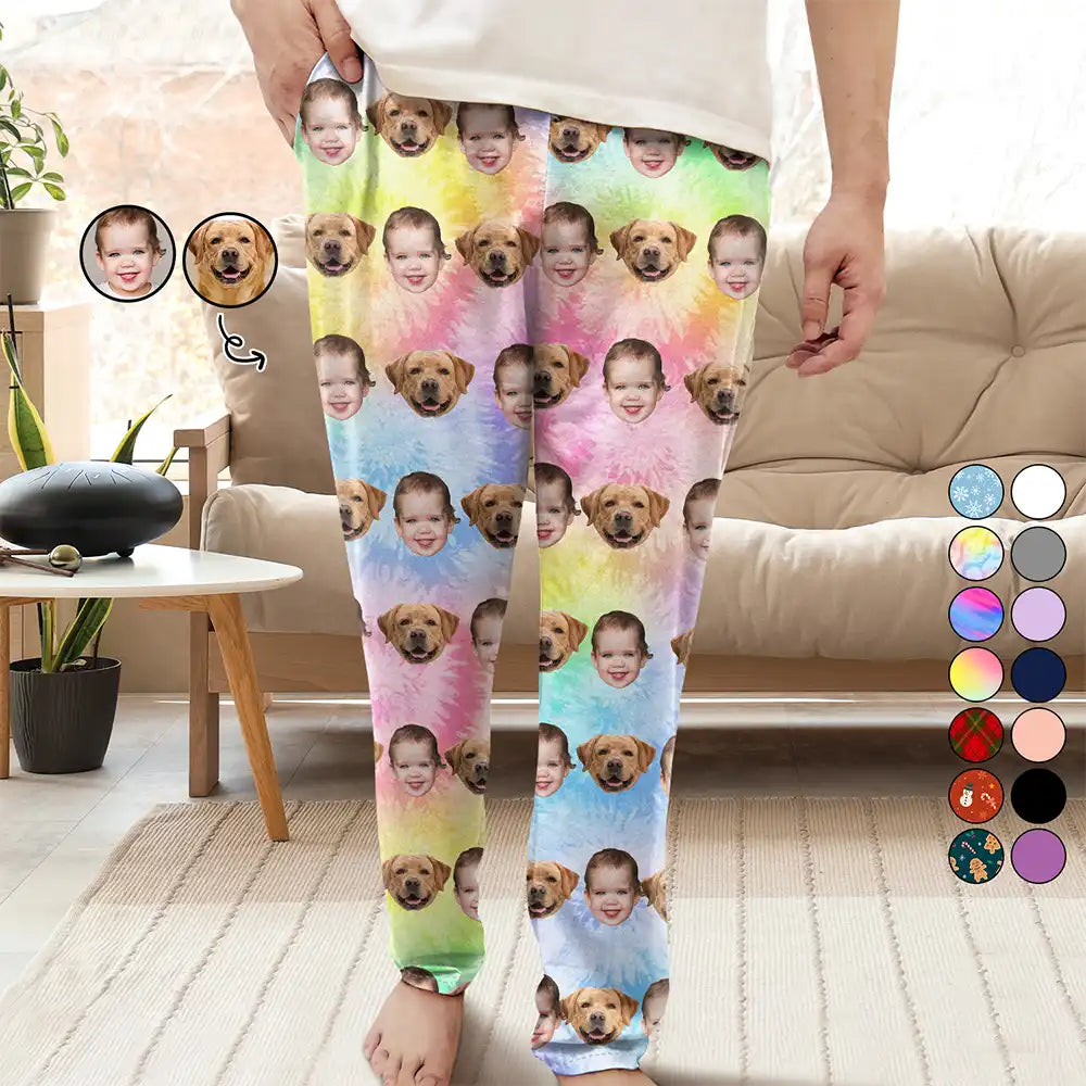 Custom Photo Family Kid Pet Funny Face Custom Bright Festive Color - Personalized Pajama Pants