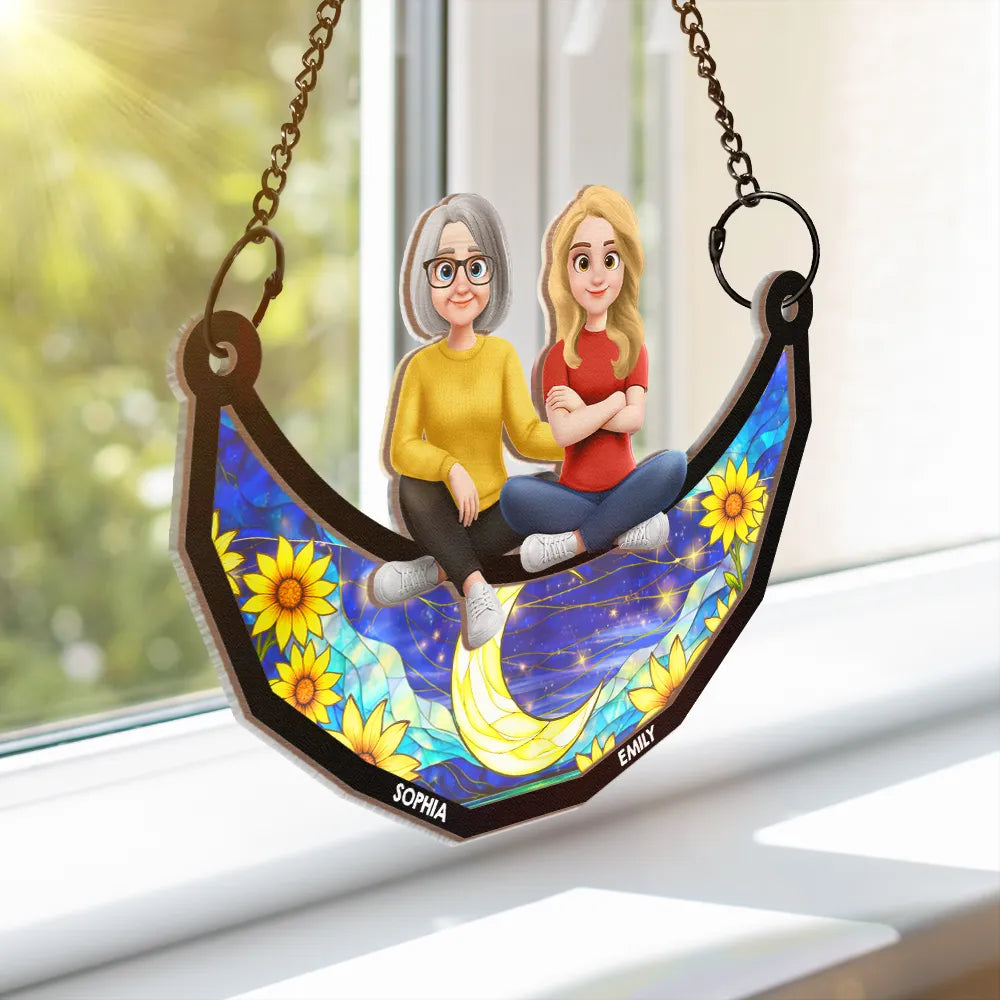 Gift For Mother,Mom - Children,Gift For Grandma,Love - Mother And Children Sitting On The Moon 3D Effect - Personalized Window Hanging Suncatcher Ornament