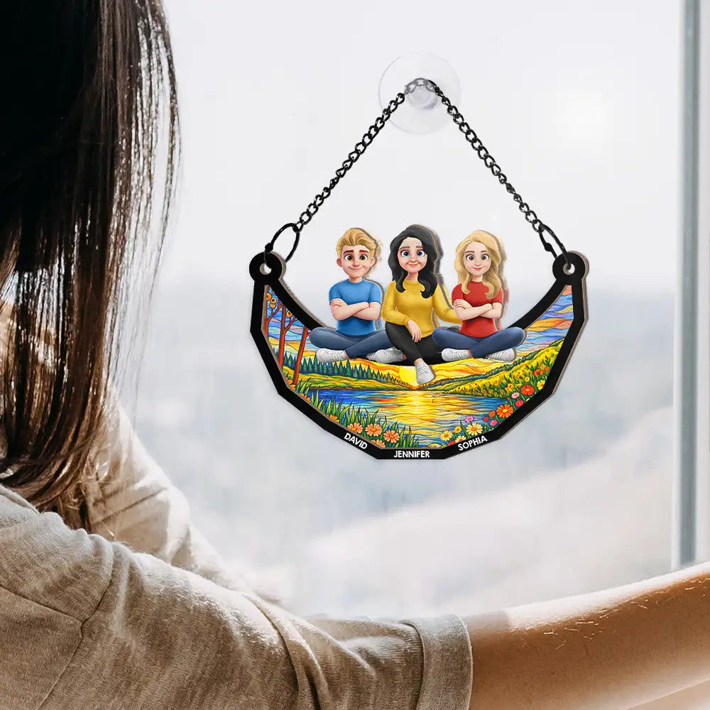 Gift For Mother,Mom - Children,Gift For Grandma,Love - Mother And Children Sitting On The Moon 3D Effect - Personalized Window Hanging Suncatcher Ornament
