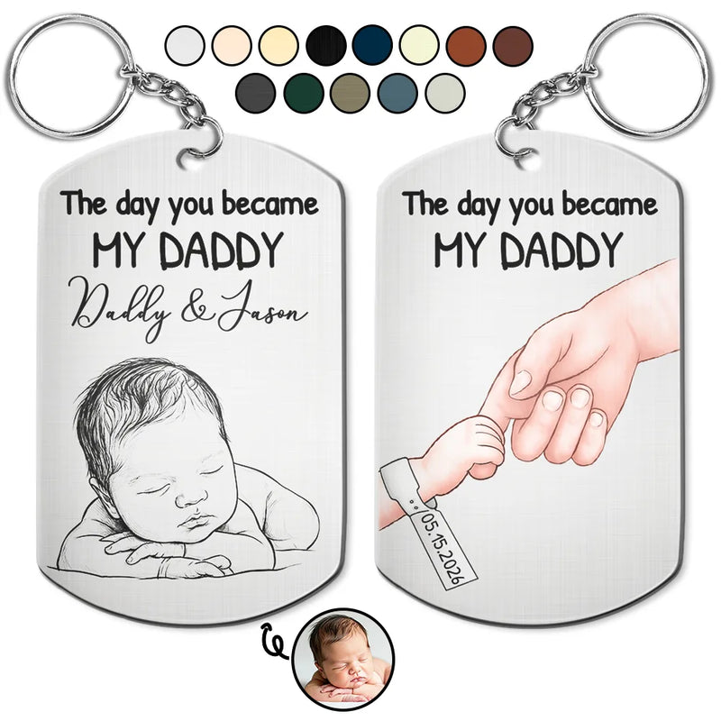 Gift For Father,New Dad,New baby,Photo - Pencil Sketch (Bold),Vector,Adorable - Custom Photo Bold Sketch The Day You Became My Mom Dad - Personalized Aluminum Keychain