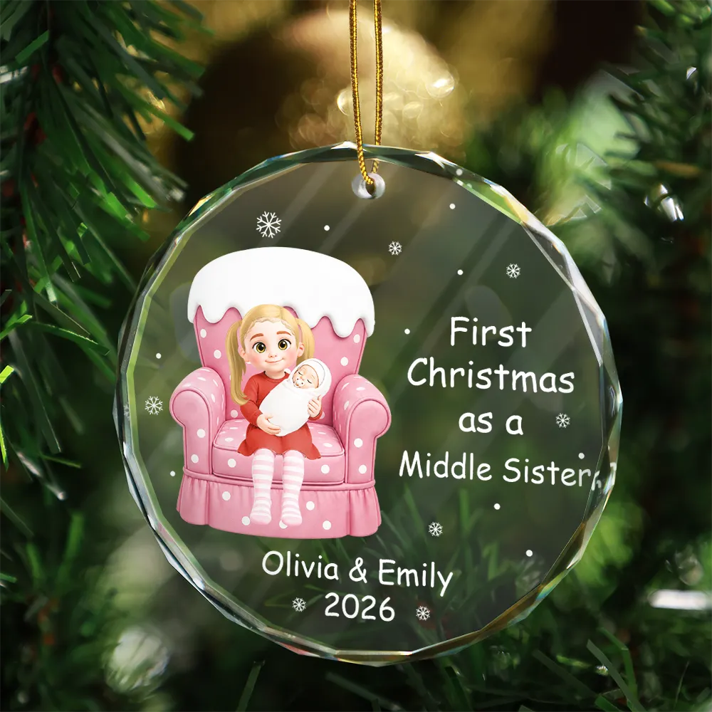 Adorable,Christmas,First Christmas,Gift For Kids,New Baby,Vector - First Christmas As Big Sister Gift - Personalized Circle Glass Ornament