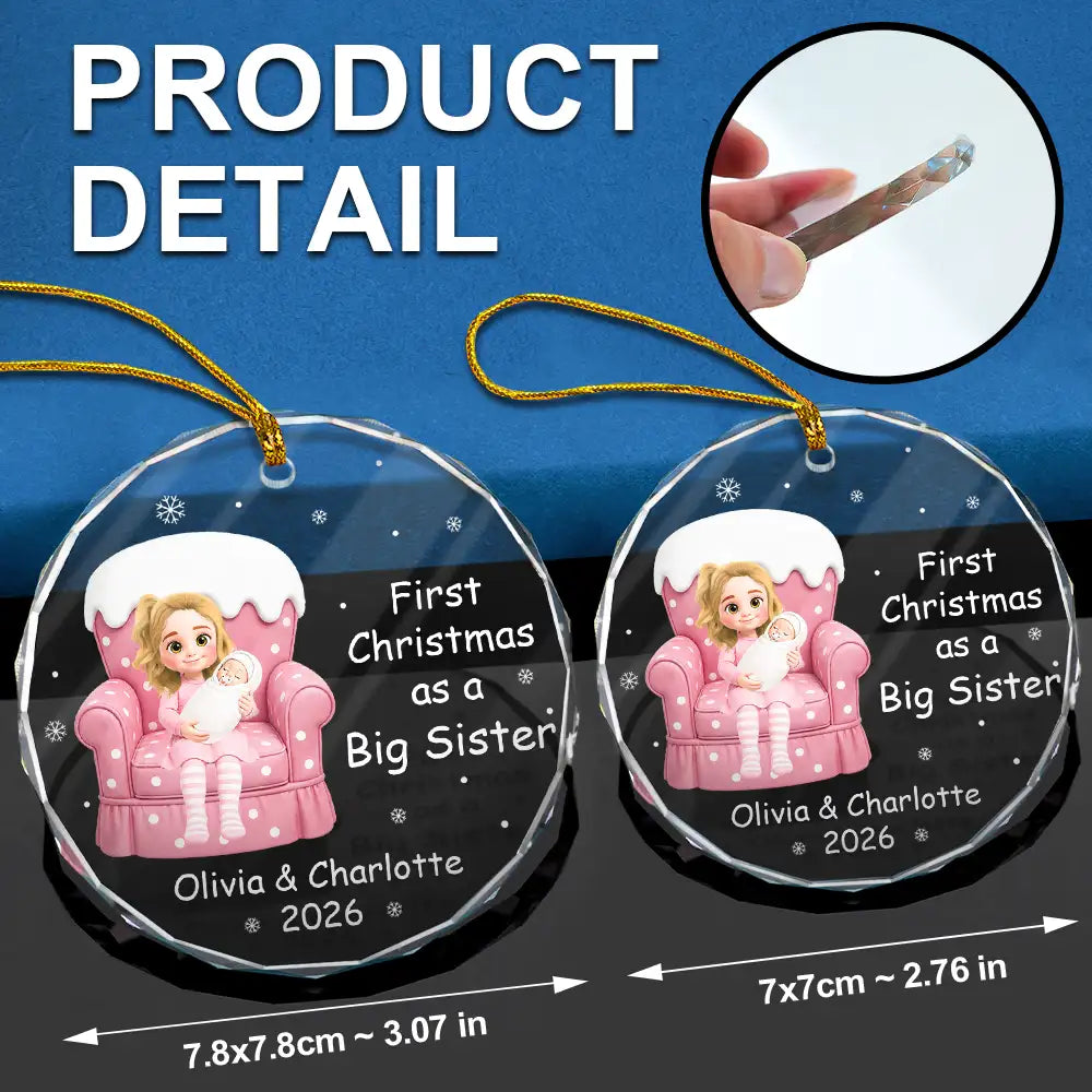 Adorable,Christmas,First Christmas,Gift For Kids,New Baby,Vector - First Christmas As Big Sister Gift - Personalized Circle Glass Ornament