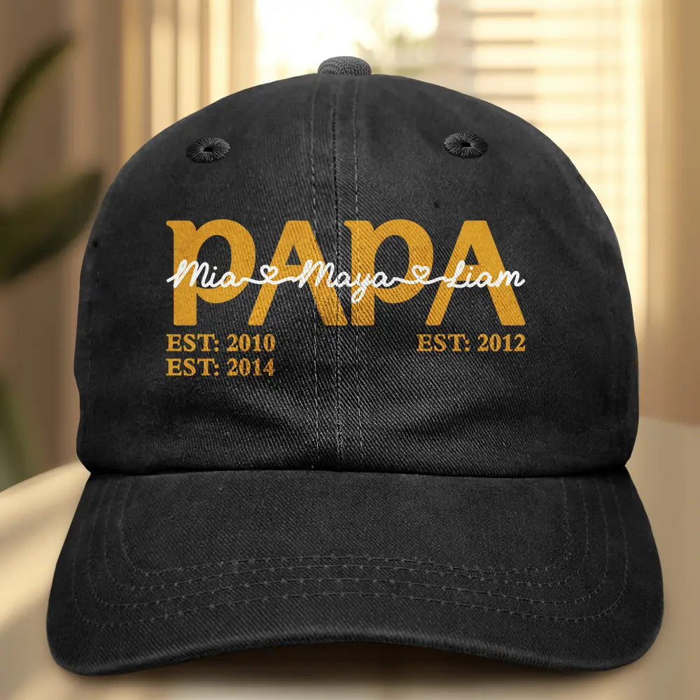 Papa Dad Est Year Custom Kid Name - Personalized Vintage Washed Denim Cap