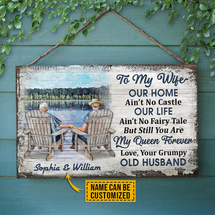 Personalized Lake Old Couple Our Home Ain't No Castle Custom Wood Rectangle Sign