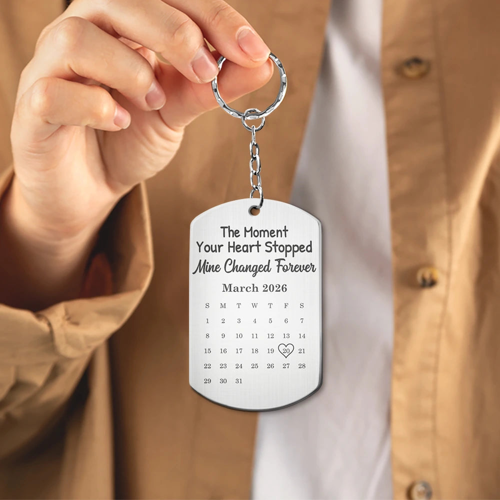 Custom Photo,Memorial,Family,Sad - Custom Photo Pencil Sketch Calendar Memorial The Moment Your Heart Stopped - Personalized Aluminum Keychain