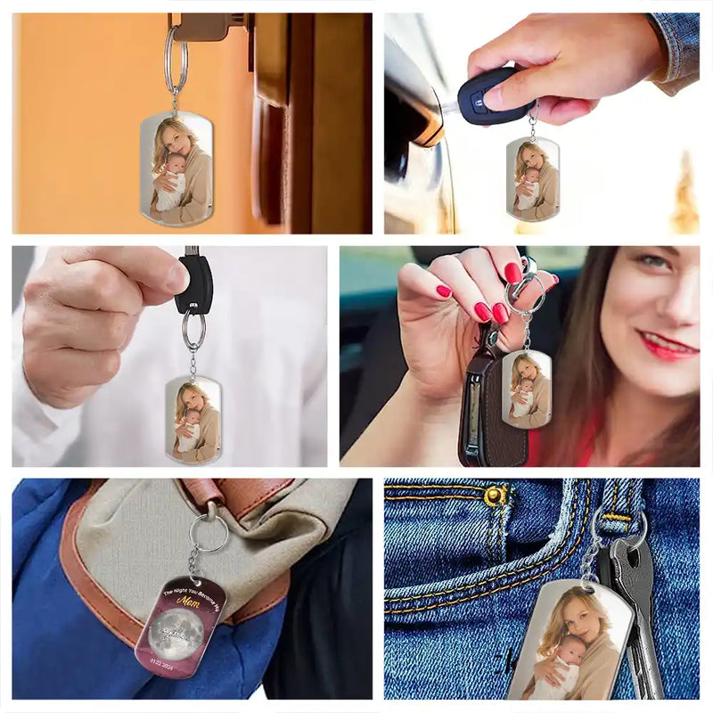 New Mom,New Dad,Gift For Mother,Gift For Father,Family,Happy - Moon Phase Custom Photo The Night You Became My Mommy - Personalized Aluminum Keychain