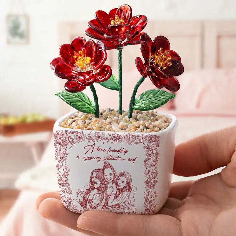 Gift For Bestie,Old Best friends,Love - Custom Photo Pencil Sketch A True Friendship Is A Journey Without An End - Personalized Glass Flower Plant Pot