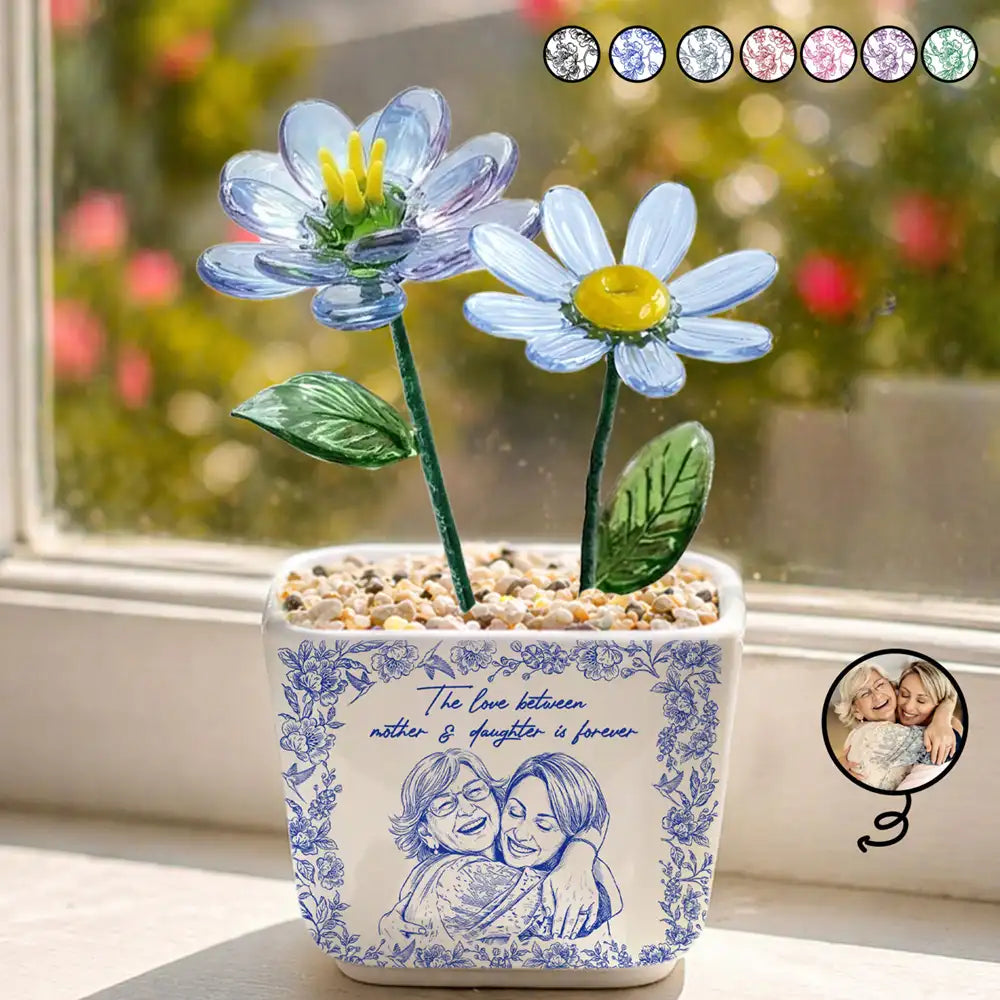 Gift For Mother,Gift For Grandma,Love - Custom Photo Pencil Sketch The Love Between Mother & Daughter Is Forever - Personalized Glass Flower Plant Pot