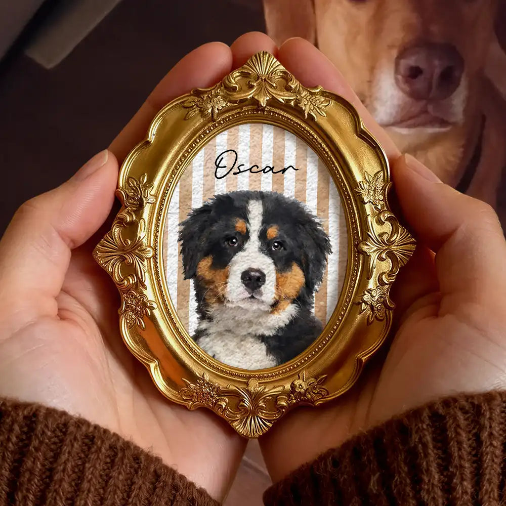 Happy,Dog Lovers,Pet Lovers,Cat Lovers - Custom Photo Realistic Watercolor Art Dog Cat Pet Kid Portrait Vintage - Personalized Ornate Frame