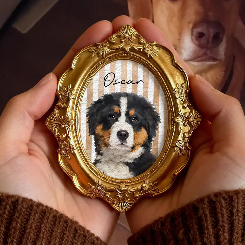 Happy,Dog Lovers,Pet Lovers,Cat Lovers - Custom Photo Realistic Watercolor Art Dog Cat Pet Kid Portrait Vintage - Personalized Ornate Frame