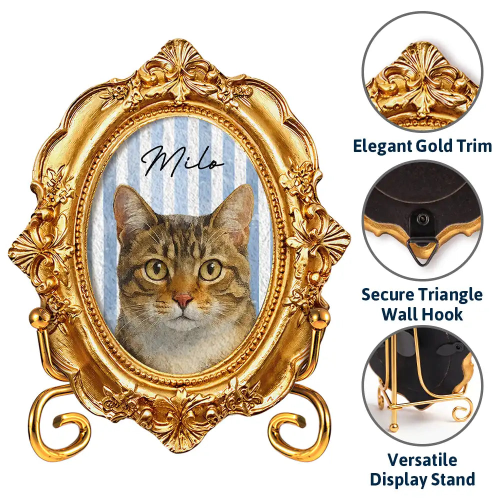 Happy,Dog Lovers,Pet Lovers,Cat Lovers - Custom Photo Realistic Watercolor Art Dog Cat Pet Kid Portrait Vintage - Personalized Ornate Frame