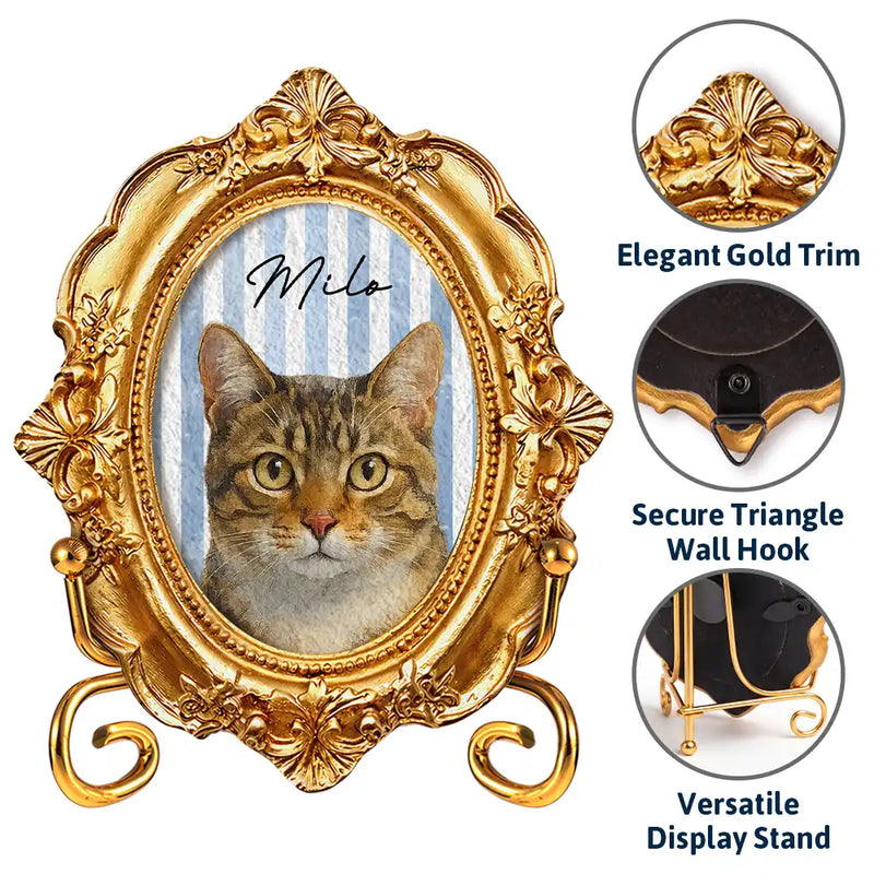 Happy,Dog Lovers,Pet Lovers,Cat Lovers - Custom Photo Realistic Watercolor Art Dog Cat Pet Kid Portrait Vintage - Personalized Ornate Frame