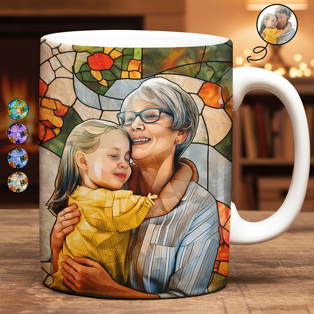 Gift For Wife,Gift For Mother,Gift For Grandma,Gift For Grandparents,Family,Non-Eng,Photo - Stained Glass - Custom Photo Stained Glass Portrait Mom Grandma Parents Family - Personalized White Edge-to-Edge Mug