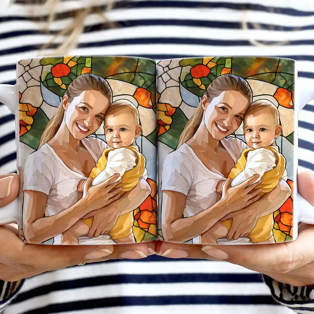 Gift For Wife,Gift For Mother,Gift For Grandma,Gift For Grandparents,Family,Non-Eng,Photo - Stained Glass - Custom Photo Stained Glass Portrait Mom Grandma Parents Family - Personalized White Edge-to-Edge Mug
