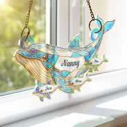 Gift For Grandma,Grandma - Grandkids,Happy,Icon - Dolphin Mom Grandma Stained Glass Effect - Personalized Window Hanging Suncatcher Ornament