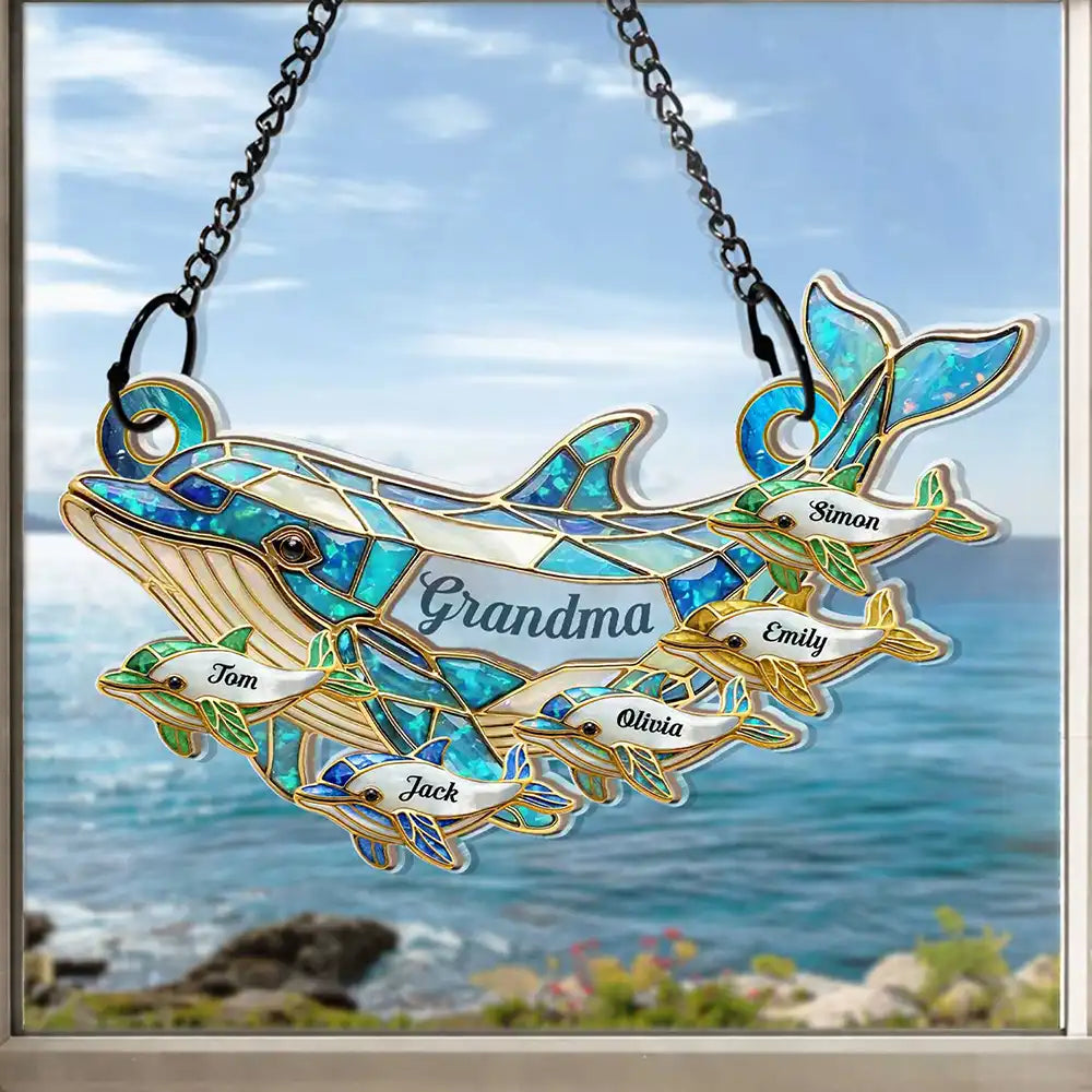 Gift For Grandma,Grandma - Grandkids,Happy,Icon - Dolphin Mom Grandma Stained Glass Effect - Personalized Window Hanging Suncatcher Ornament