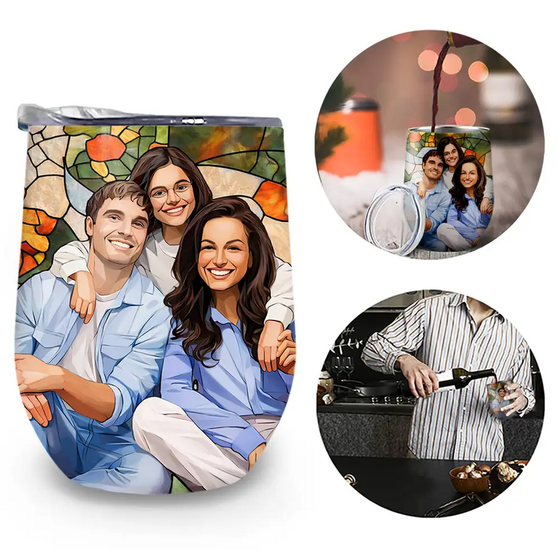 Gift For Wife,Gift For Mother,Gift For Grandma,Gift For Grandparents,Family,Love - Custom Photo Stained Glass Portrait Mom Grandma Parents Family - Personalized Wine Tumbler