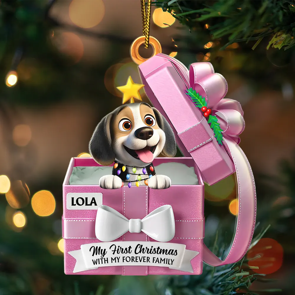 Christmas, Pet Lovers, Cat Lovers, Dog Lovers, Happy - Pet First Christmas, Gift Reveals, Gift Box 3D Effect - Personalized Custom Shaped Acrylic Ornament