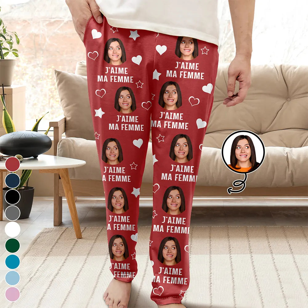 Gift For Couples,Gift For Husband,Gift For Wife,Gift For Boyfriend,Gift For Girlfriend,LGBT,Love,French - Photo Personnalisée J’aime Mon Amour - Pantalon De Pyjama Personnalisé