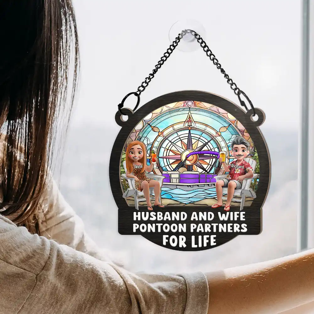 Gift For Couples, Gift For Husband, Gift For Wife, Gift For Boyfriend, Gift For Girlfriend, Happy, Pontoon - Pontoon Partners For Life - Personalized Window Hanging Suncatcher Ornament
