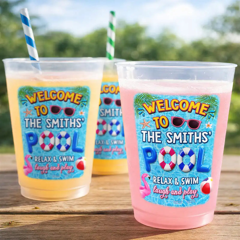Playful, Family, Summer, Poolside, Outdoor Decor, Custom Text - Pool Party Relax Swim Laugh And Play - Personalized Frosted Cups