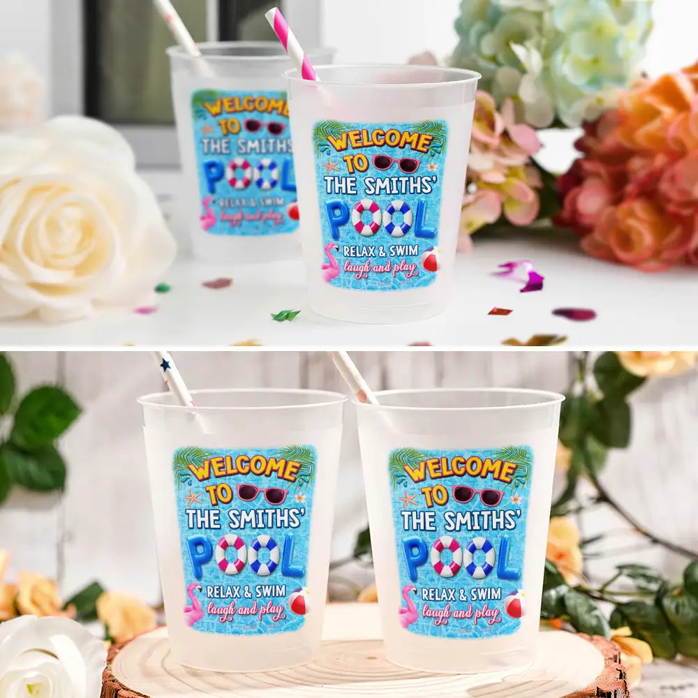 Playful, Family, Summer, Poolside, Outdoor Decor, Custom Text - Pool Party Relax Swim Laugh And Play - Personalized Frosted Cups