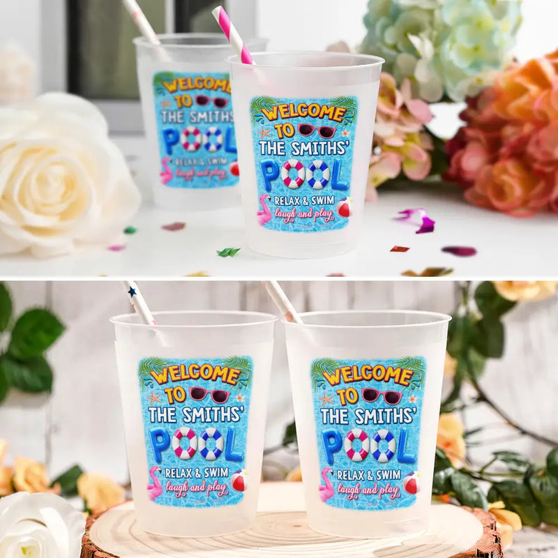 Playful, Family, Summer, Poolside, Outdoor Decor, Custom Text - Pool Party Relax Swim Laugh And Play - Personalized Frosted Cups