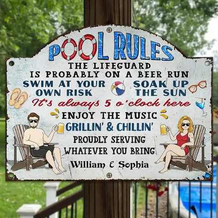 Pool Rules Swim At Your Own Risk Grilling - Personalized Custom Shaped Metal Sign