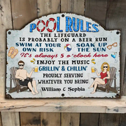 Swimming,Funny,Couple's Hobby,Gift For Couples,Grilling,Poolside - Pool Rules Swim At Your Own Risk Grilling - Personalized Custom Shaped Metal Sign