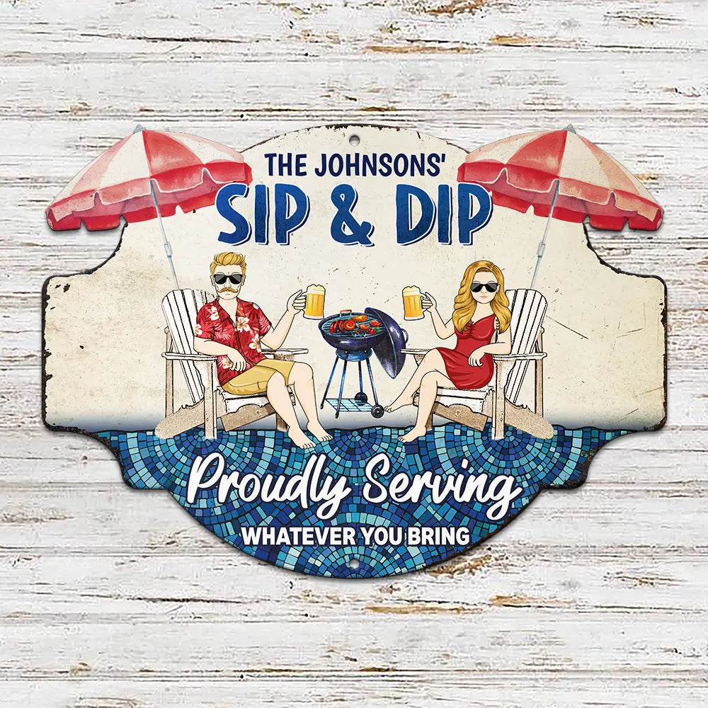 Gift For Couples, Gift For Husband, Gift For Wife, Gift For Boyfriend, Gift For Girlfriend, Poolside, Grilling, Summer, Happy - Poolside Bar And Grill - Personalized Custom Shaped Metal Sign