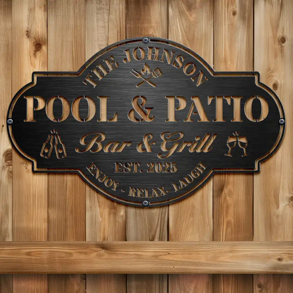 Poolside,Gift For Couples,Couple's Hobby,Family,Grilling,Happy,Swimming - Poolside Bar & Grill - Personalized Cutout Metal Sign