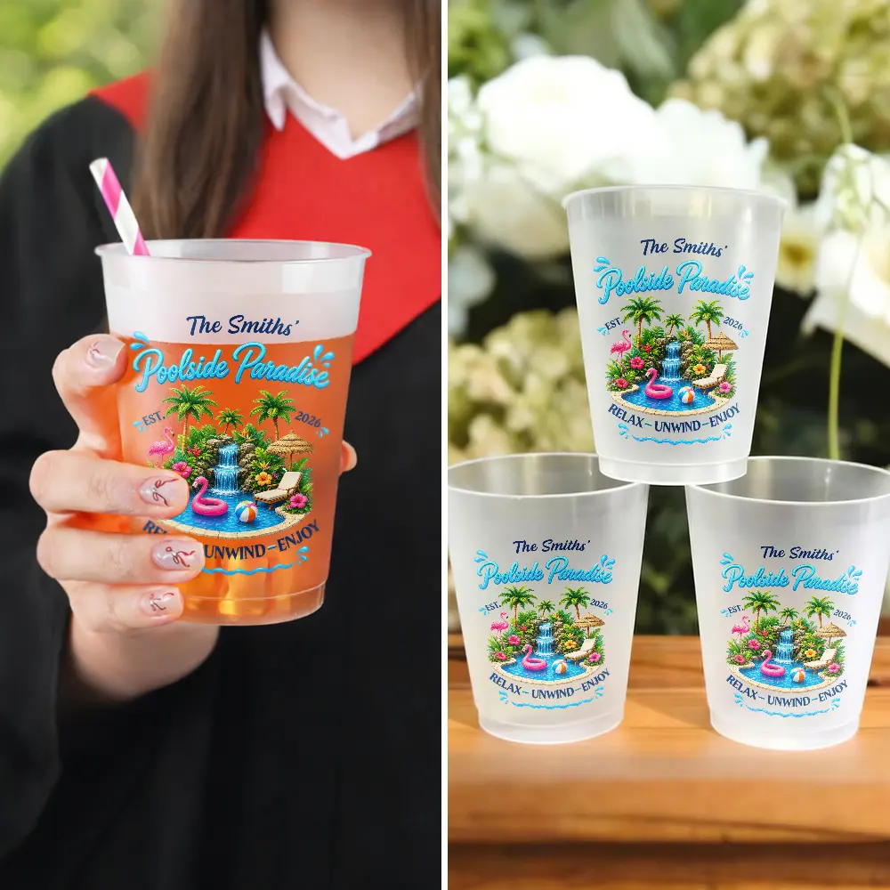 Playful,Family,Summer,Poolside,Outdoor Decor,Custom Text - Poolside Paradise Relax Unwind Enjoy - Personalized Frosted Cups