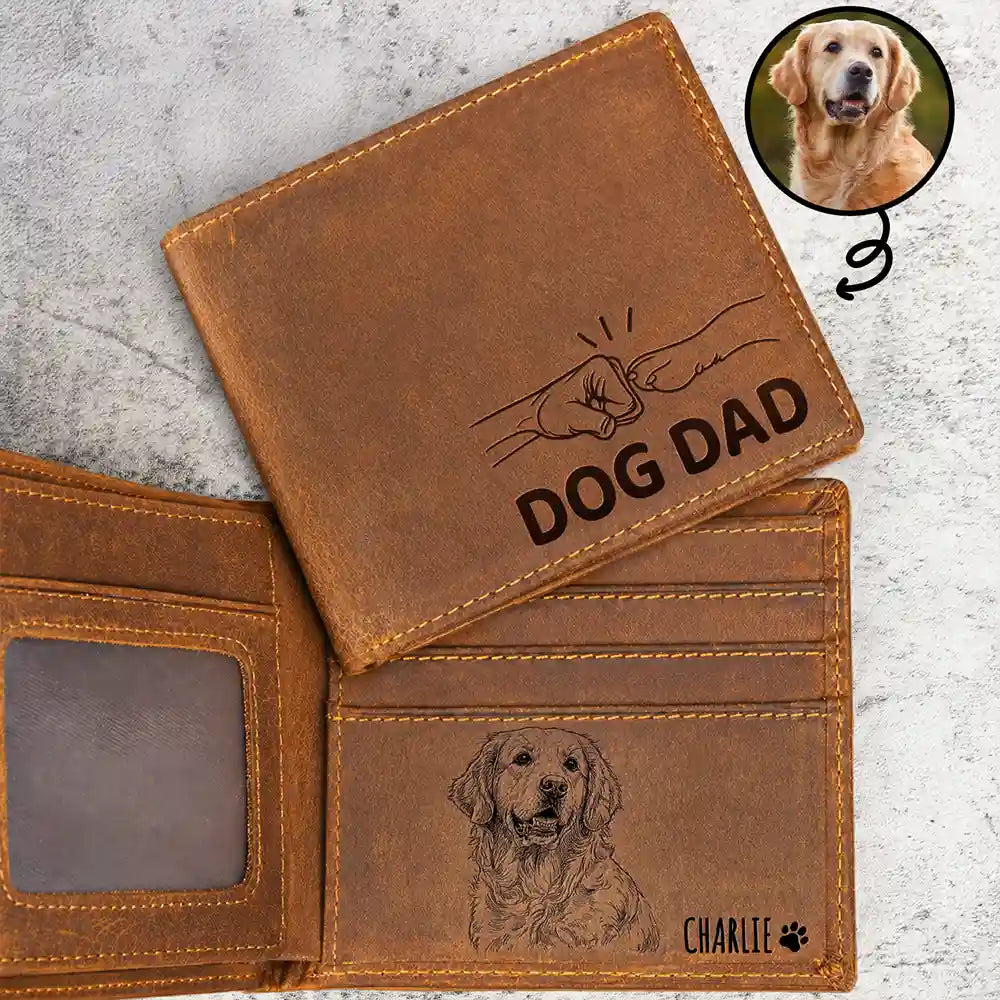 Custom Photo Pencil Sketch Dog Dad Cat Dad - Personalized Engraved Leather Wallet