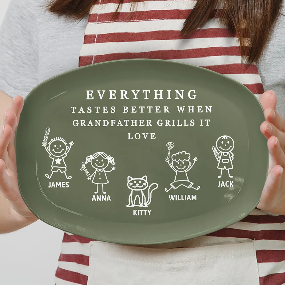 Gift For Father,Gift For Grandpa,Grilling,Non-Eng,Icon,Humorous - Everything Tastes Better When Grandpa Daddy Grills It - Personalized Plate