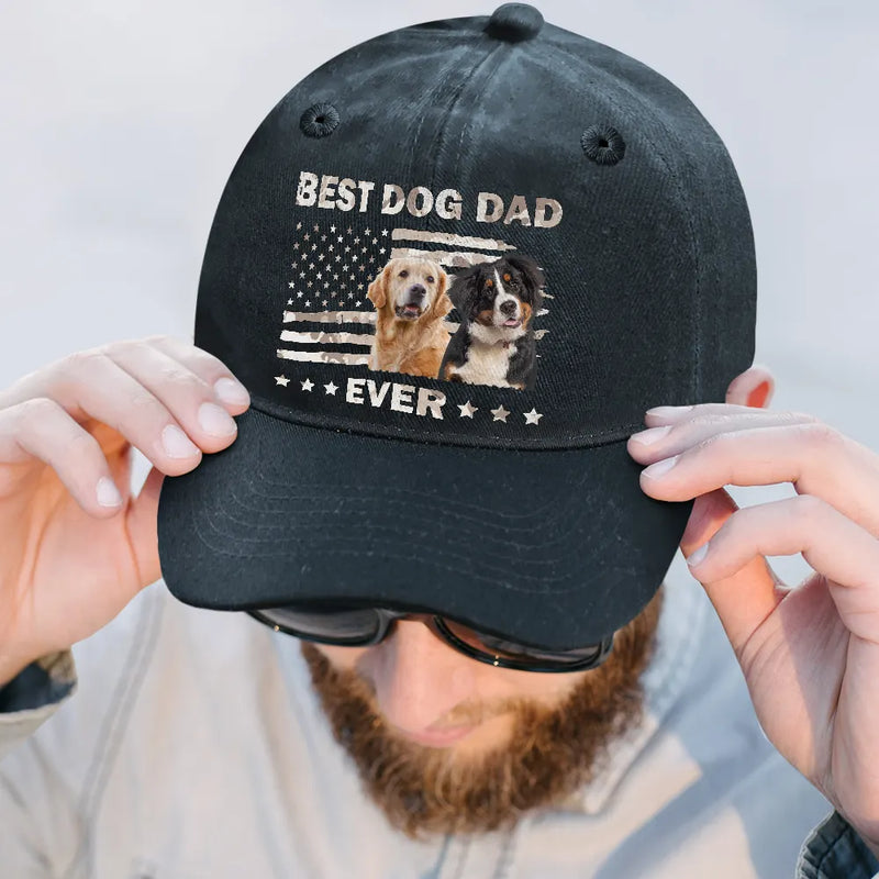 Independence Day,Pet Lovers,Pet Dad,Cat Lovers,Cat Dad,Dog Lovers,Dog Dad,Photo,Proud - Custom Photo Stars & Stripes Best Dog Dad Ever - Personalized Vintage Washed Denim Cap