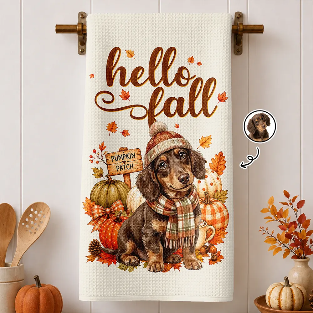 Custom Photo Watercolor Pet With Autumn Accessories Hello Fall Dog Cat Portrait - Personalized Kitchen Towel