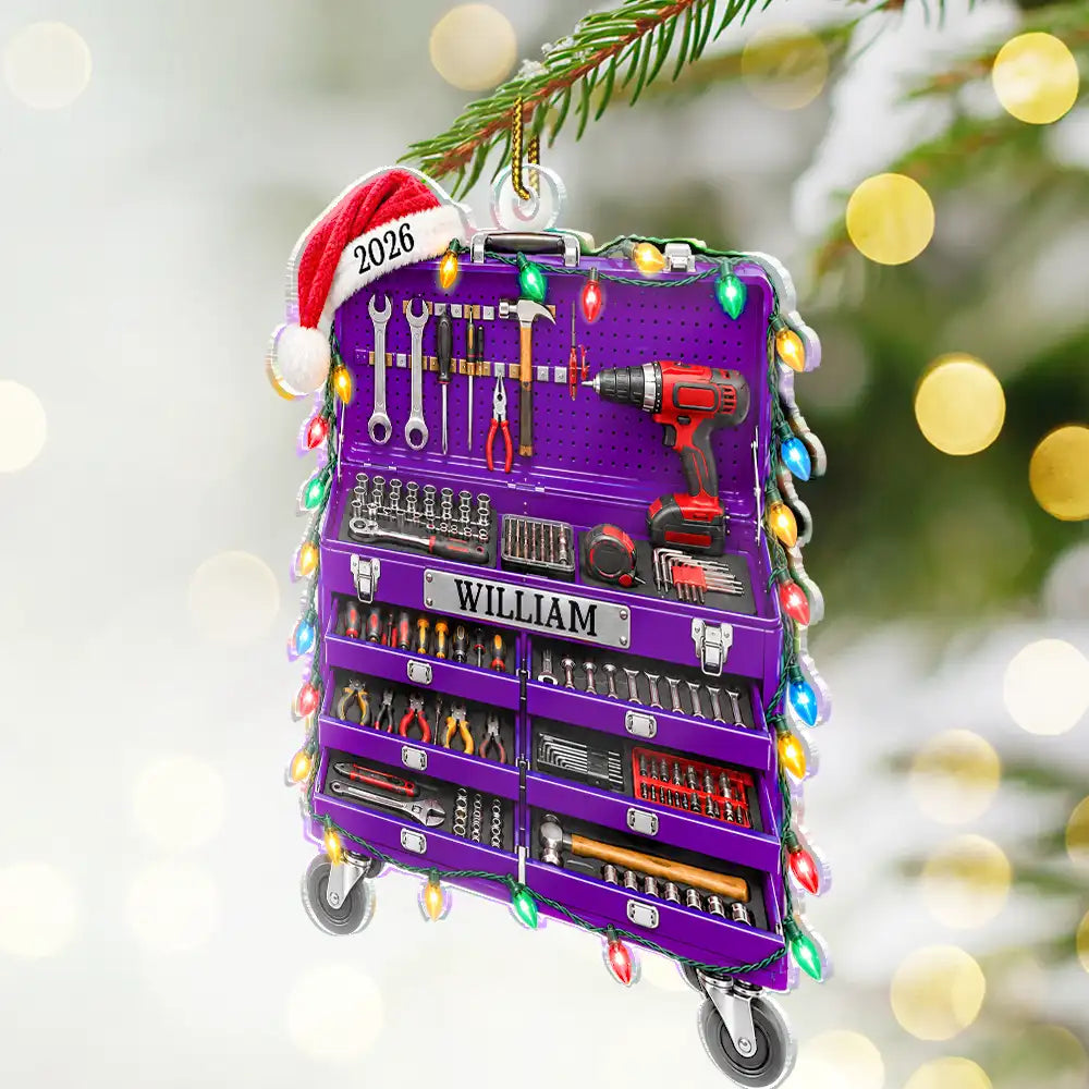Christmas,Custom Text,Garage,Gift For Men,Gift For Yourself,Gifts For Him,Happy,Semi-Outdoor,Top Market - Christmas Gift For Mechanic Husband Dad - Personalized Tool Box Acrylic Ornament